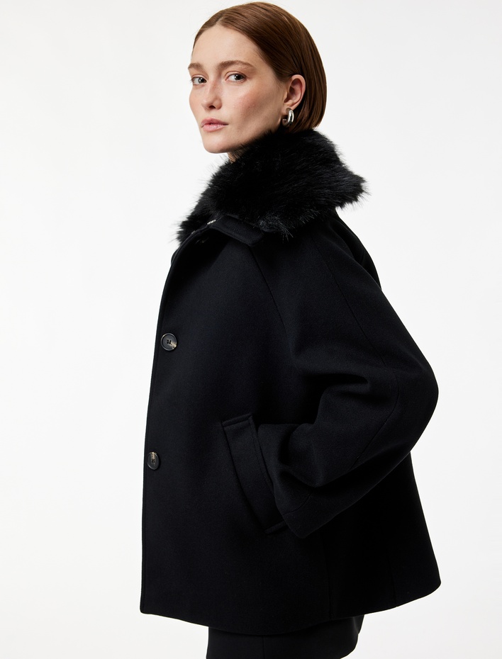  Çıkarılabilir Suni Kürk Yaka Kaşe Kaban Uzun Kollu Düğmeli