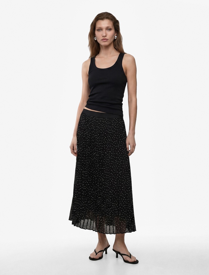  Yüksek Bel Puantiye Desenli Midi Şifon Pileli Etek