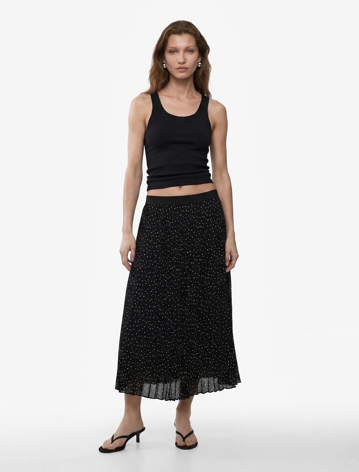  Yüksek Bel Puantiye Desenli Midi Şifon Pileli Etek