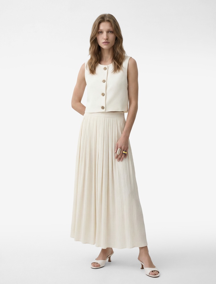  Keten Karışımlı Pileli Uzun Kloş Etek