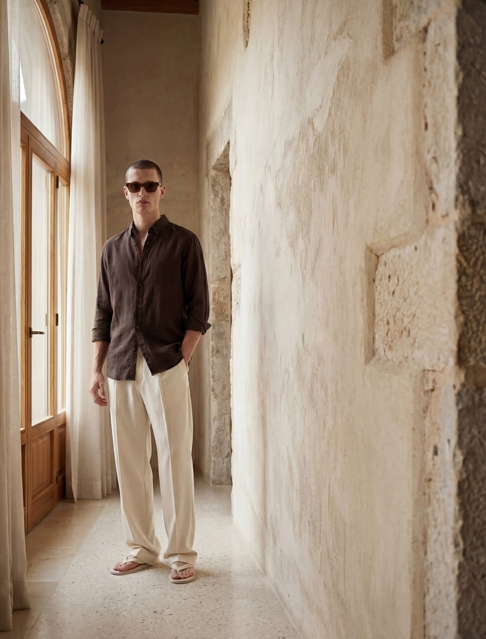  Regular Fit Uzun Kollu Düğmeli Hakim Yaka Keten Gömlek