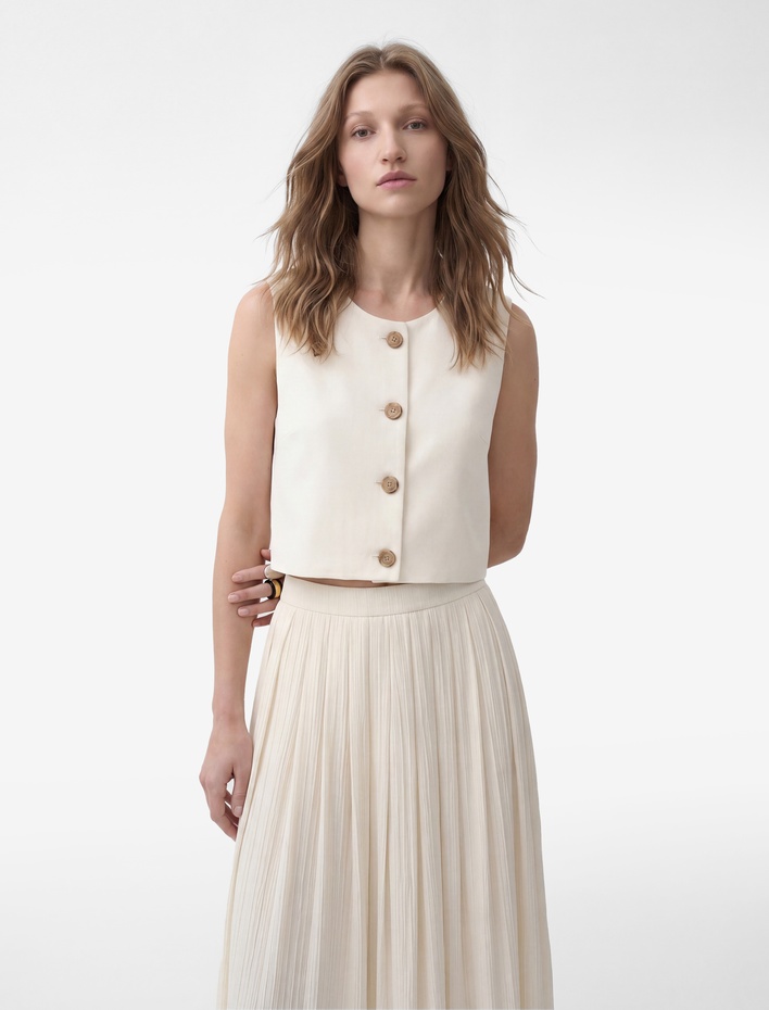  Keten Karışımlı Bisiklet Yaka Düğmeli Crop Yelek