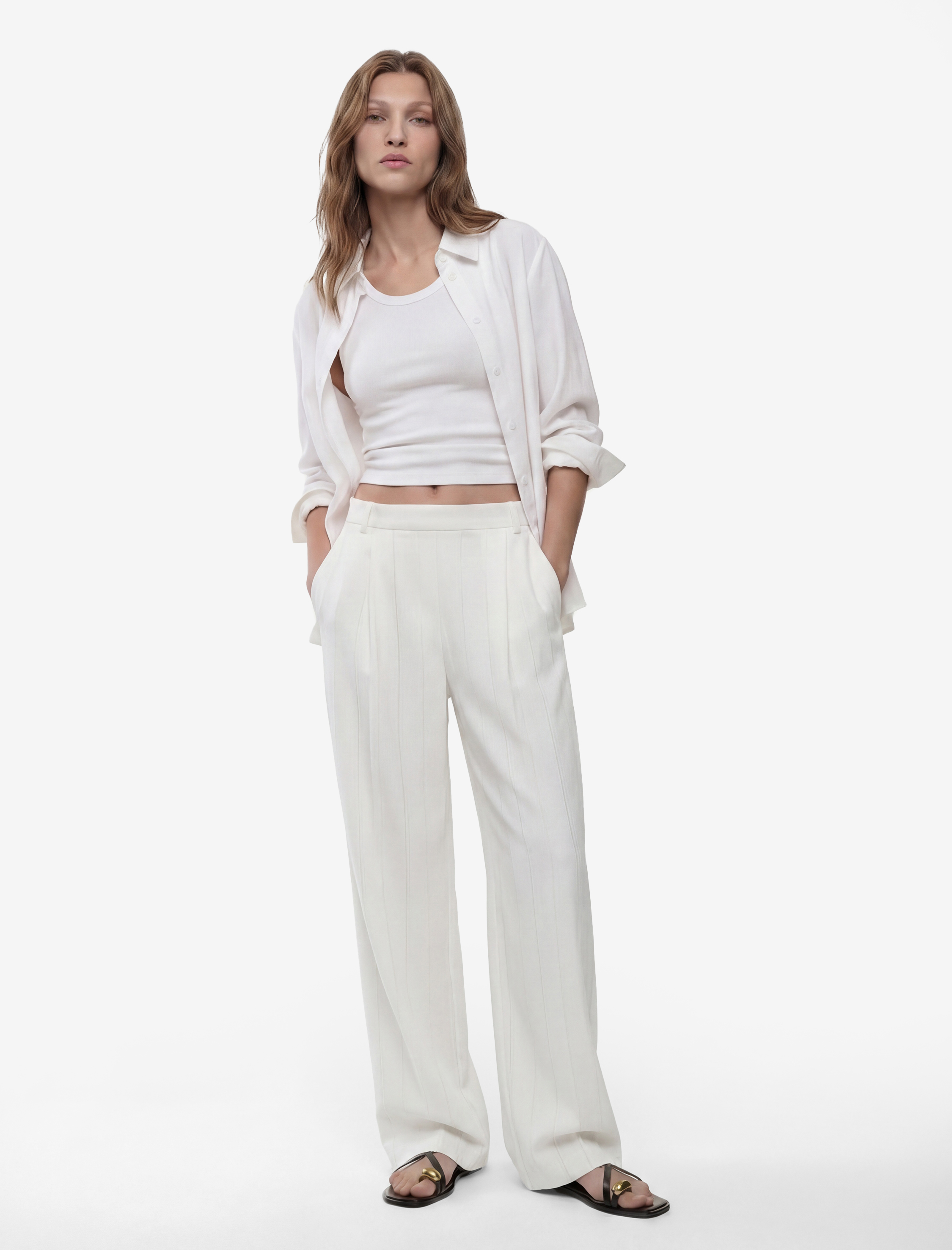   Keten Karışımlı Straight Fit Uzun Düz Geniş Paça Pantolon