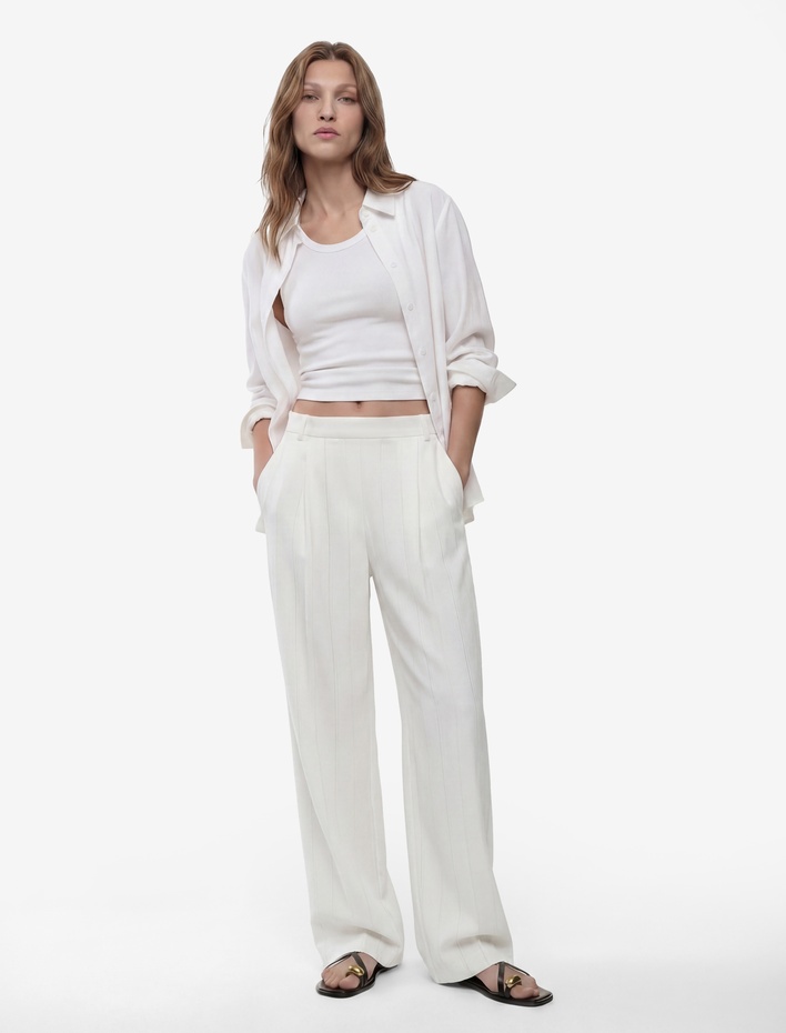  Keten Karışımlı Straight Fit Uzun Düz Geniş Paça Pantolon