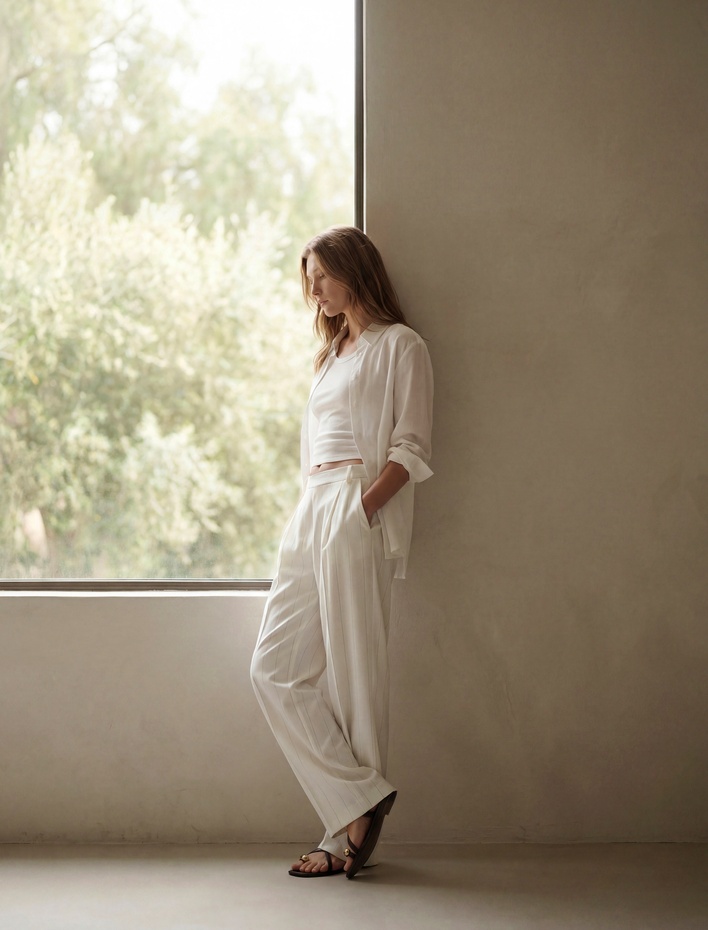  Keten Karışımlı Straight Fit Uzun Düz Geniş Paça Pantolon