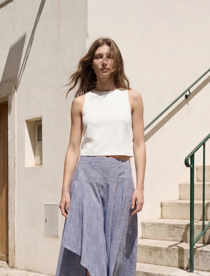  Keten Karışımlı Bisiklet Yaka Kolsuz Bluz