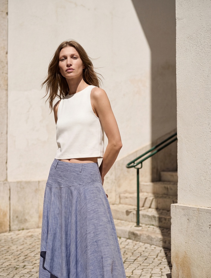  Keten Karışımlı Bisiklet Yaka Kolsuz Bluz