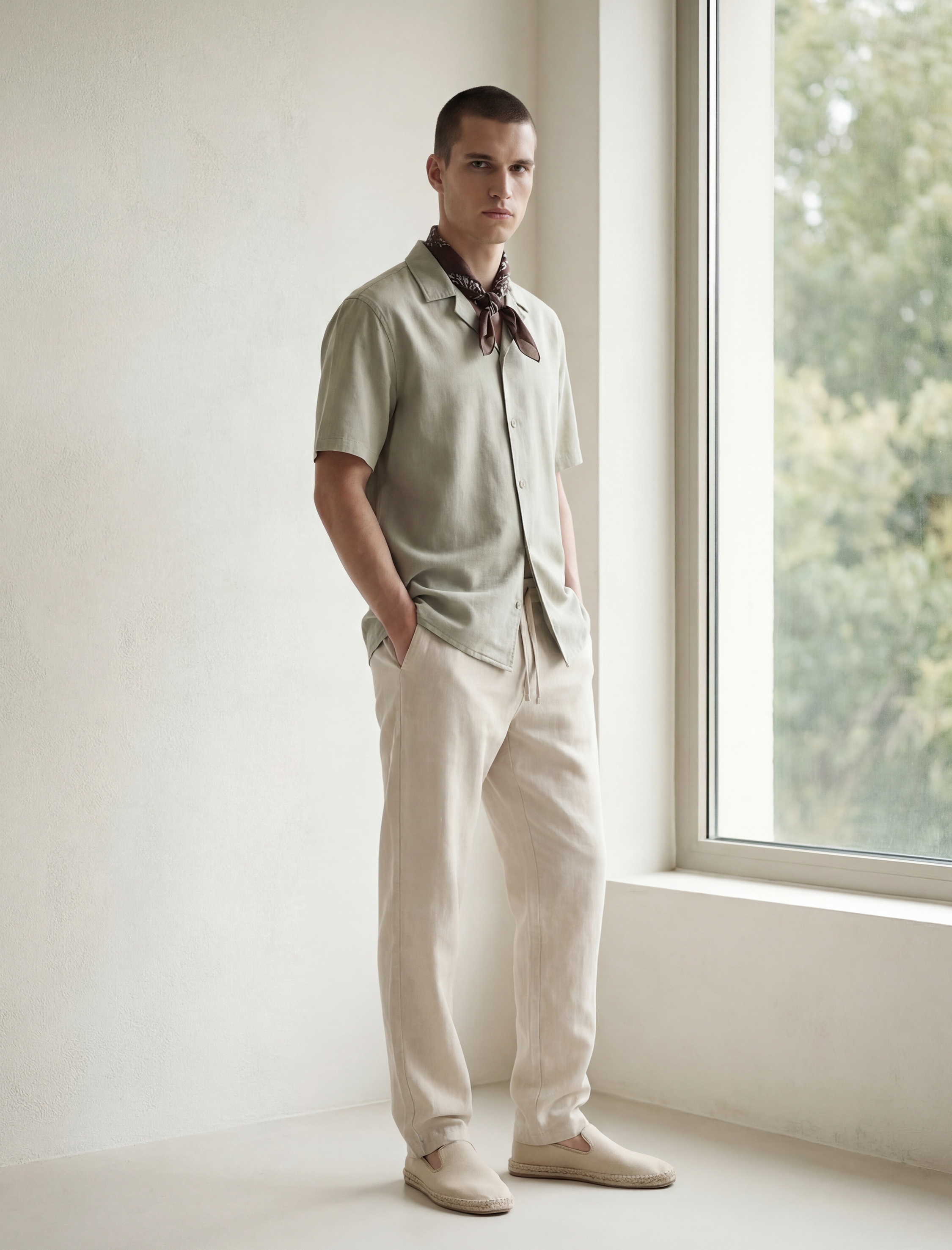   Regular Fit Cepli Beli Bağcıklı Keten Pantolon