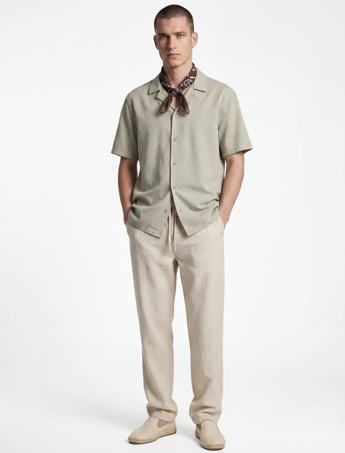  Regular Fit Cepli Beli Bağcıklı Keten Pantolon