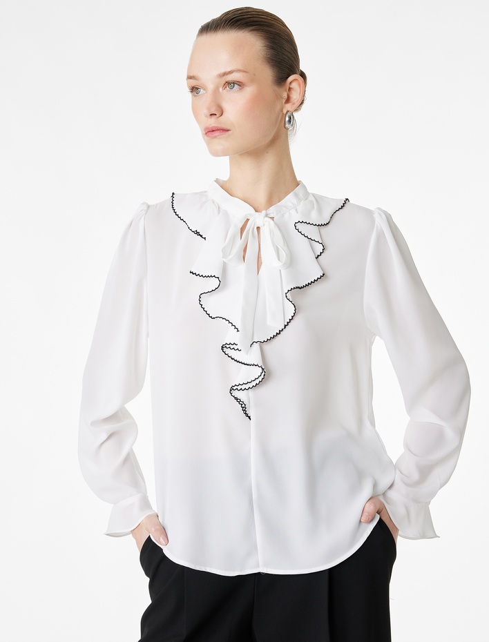  Uzun Kollu Fırfırlı Yaka Bağlama Detaylı Bluz