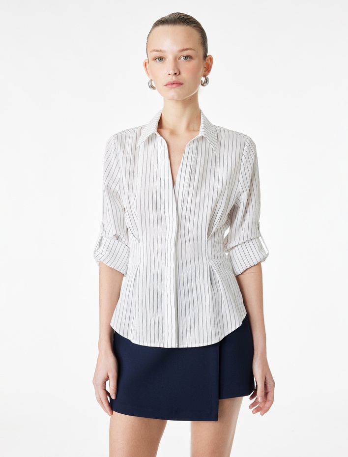  Slim Fit Viskon Kumaş Pens Detaylı Uzun Kollu Çizgili Gömlek