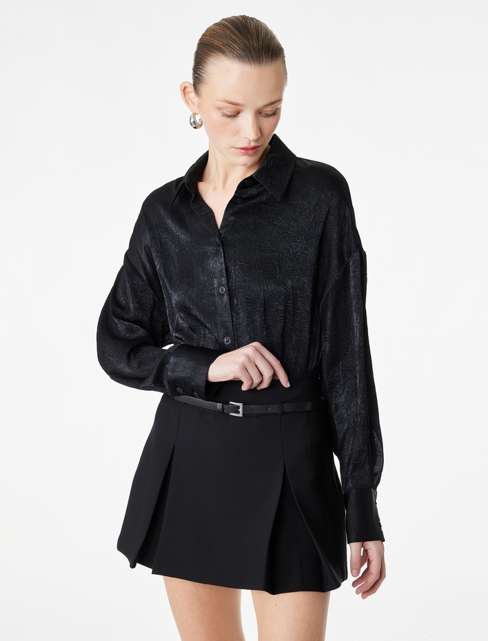  Rahat Kalıp Düğmeli Uzun Kollu Klasik Yaka Saten Gömlek