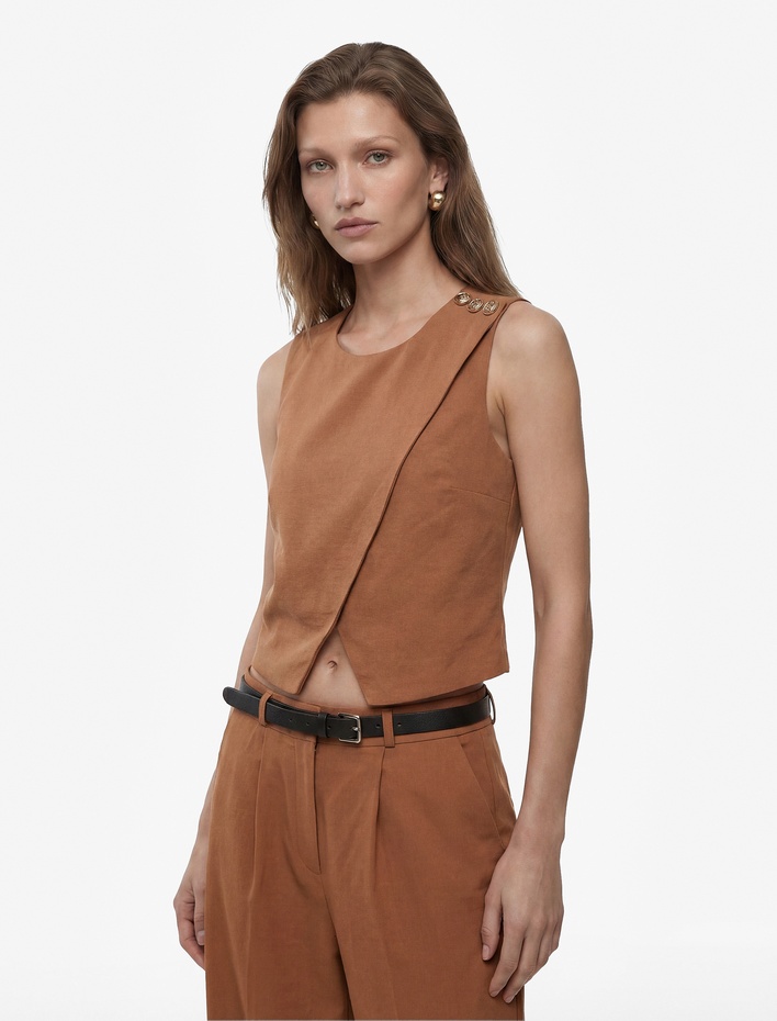  Aksesuar Düğme Detaylı Bisiklet Yaka Asimetrik Yelek