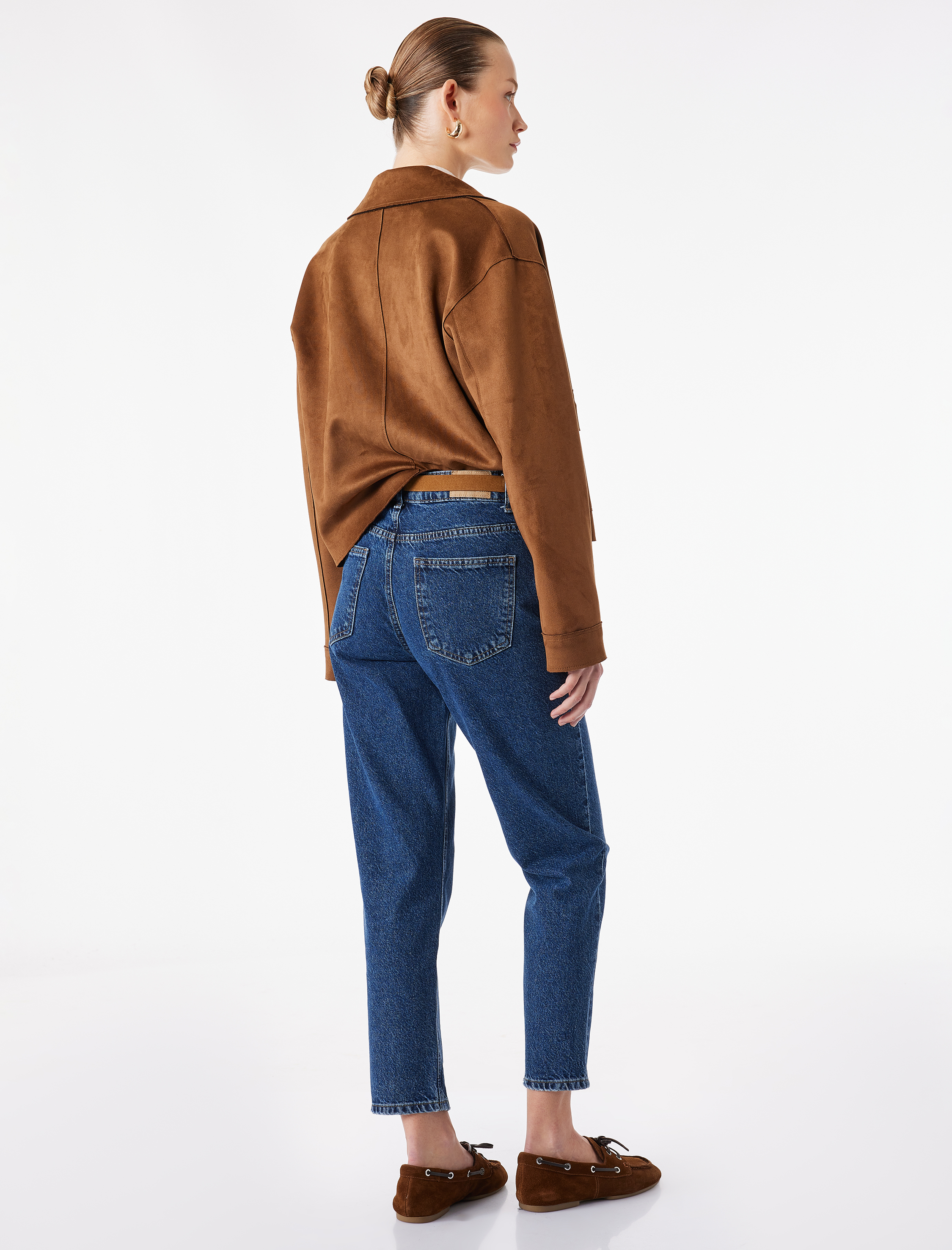   Yüksek Bel Düz Paça Pamuklu Düğmeli Cepli Denim Pantolon-Mom Fit Jean