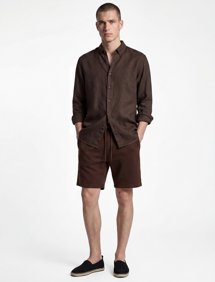  Regular Fit Düğmeli Yaka Uzun Kollu Keten Gömlek