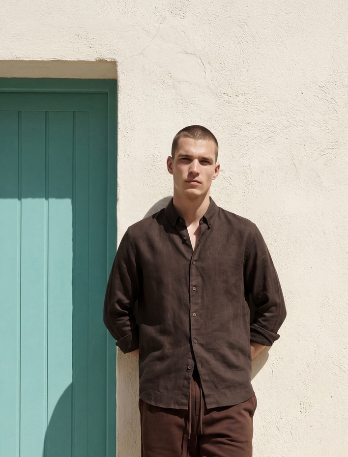  Regular Fit Düğmeli Yaka Uzun Kollu Keten Gömlek