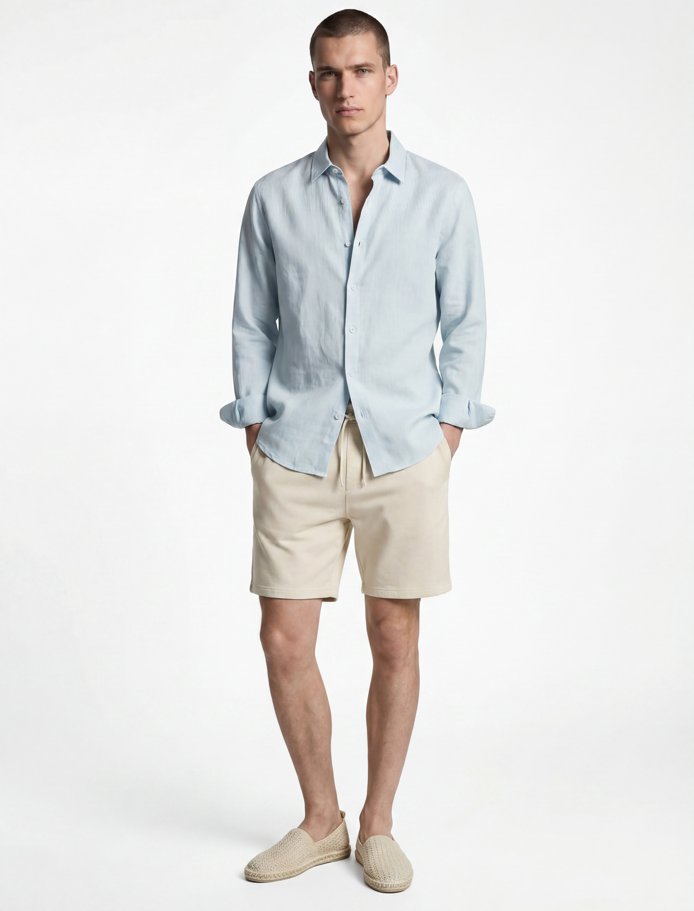   Regular Fit Düğmeli Yaka Uzun Kollu Keten Gömlek