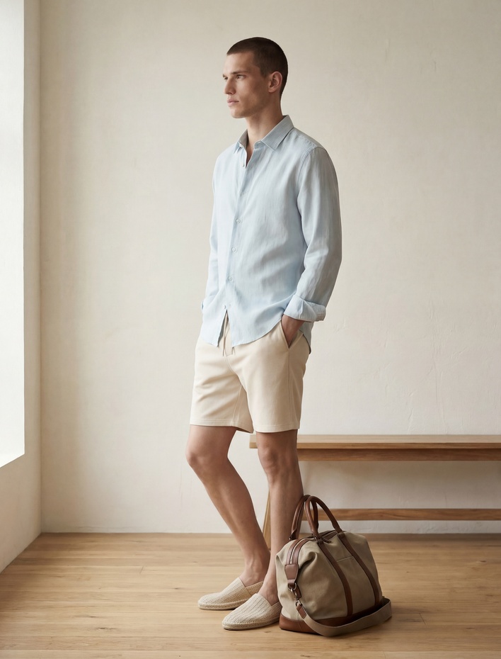  Regular Fit Düğmeli Yaka Uzun Kollu Keten Gömlek