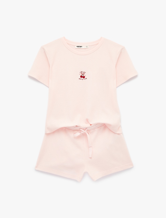  Kiraz Detaylı Bisiklet Yaka Kısa Kollu Dokulu Pijama Takımı