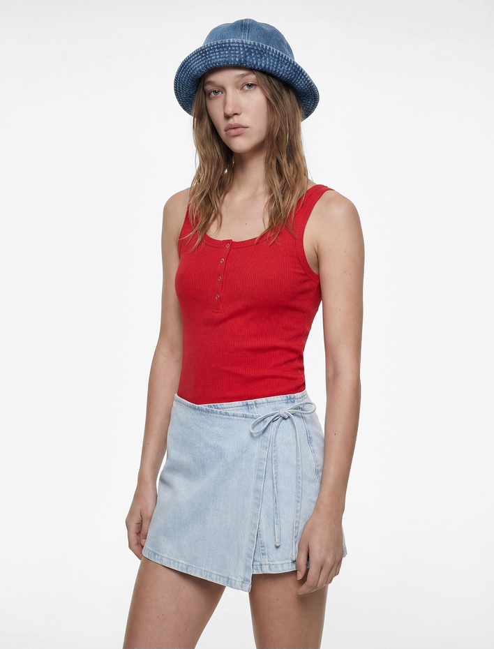  Bağcık Detaylı Pamuklu Mini Denim Şort Etek