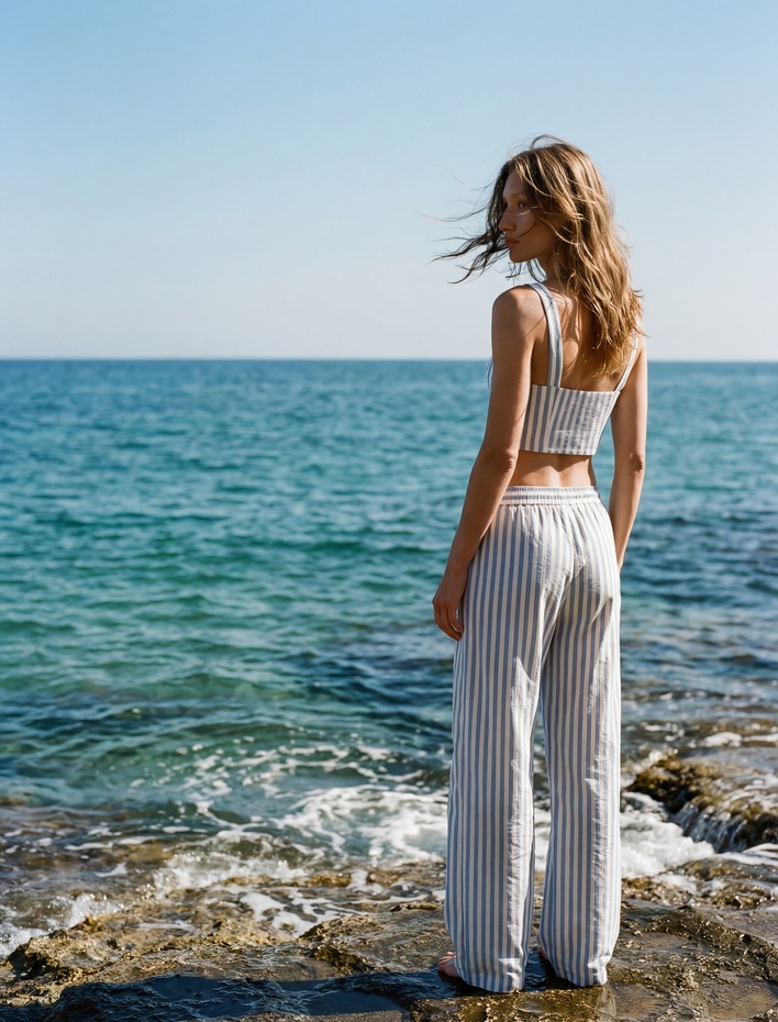  Keten Karışımlı Pile Detaylı Cepli Geniş Paça Çizgili Pantolon