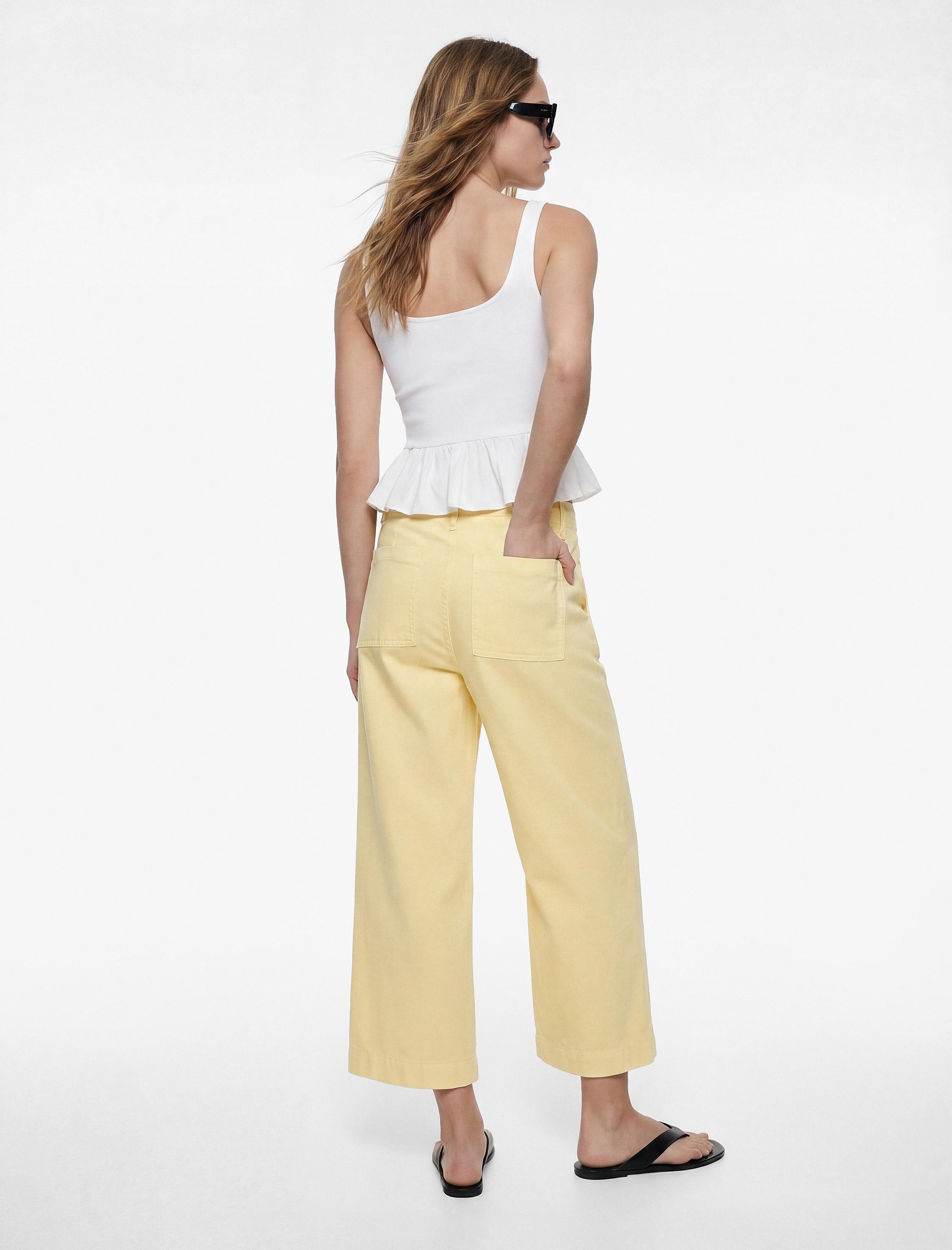   Normal Bel Cep Detaylı Nervürlü Kısa Geniş Paça Pantolon - Culotte Jeans