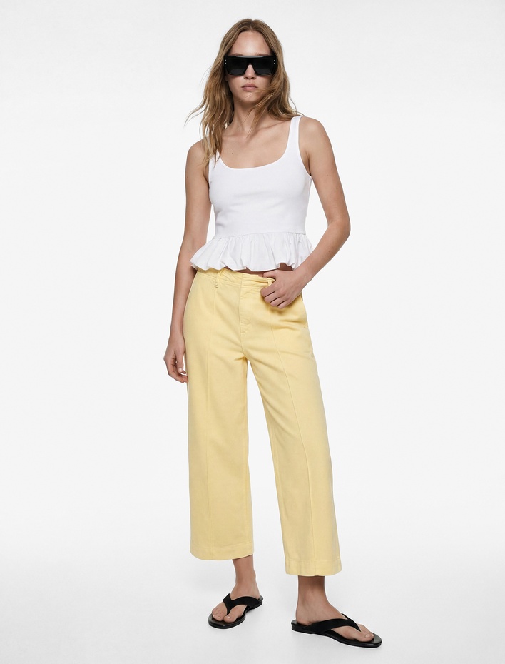  Normal Bel Cep Detaylı Nervürlü Kısa Geniş Paça Pantolon - Culotte Jeans