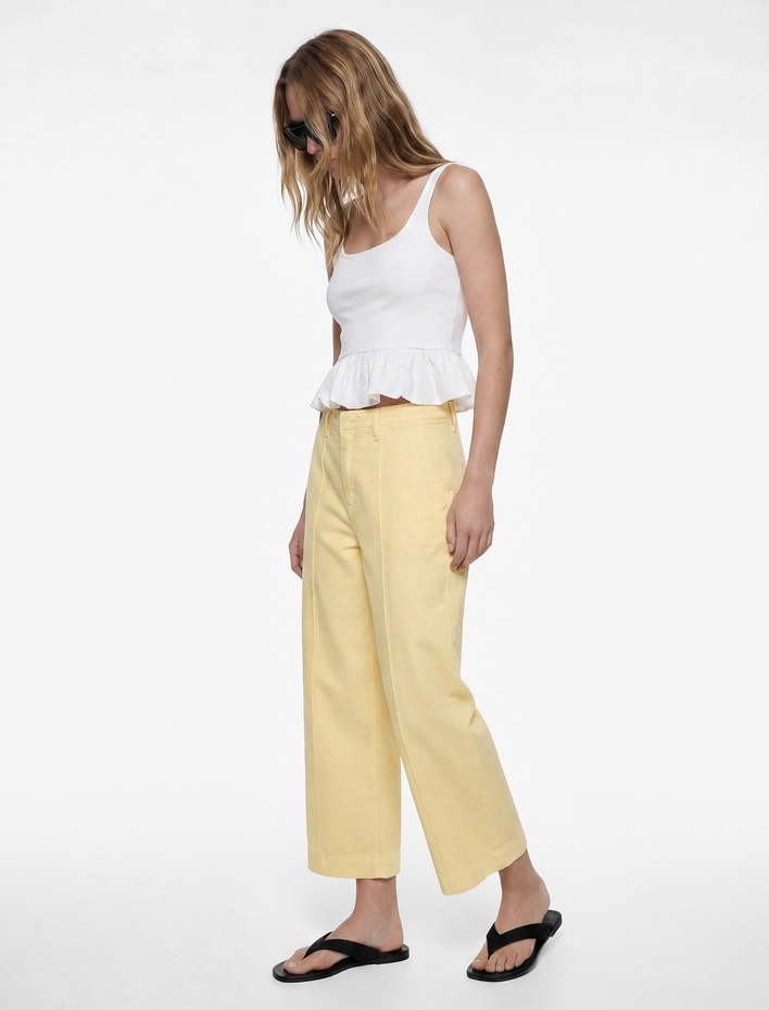  Normal Bel Cep Detaylı Nervürlü Kısa Geniş Paça Pantolon - Culotte Jeans