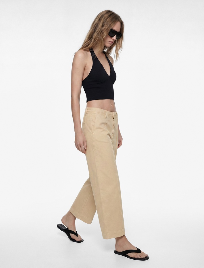  Normal Bel Cep Detaylı Nervürlü Kısa Geniş Paça Pantolon - Culotte Jeans