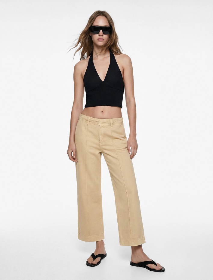  Normal Bel Cep Detaylı Nervürlü Kısa Geniş Paça Pantolon - Culotte Jeans