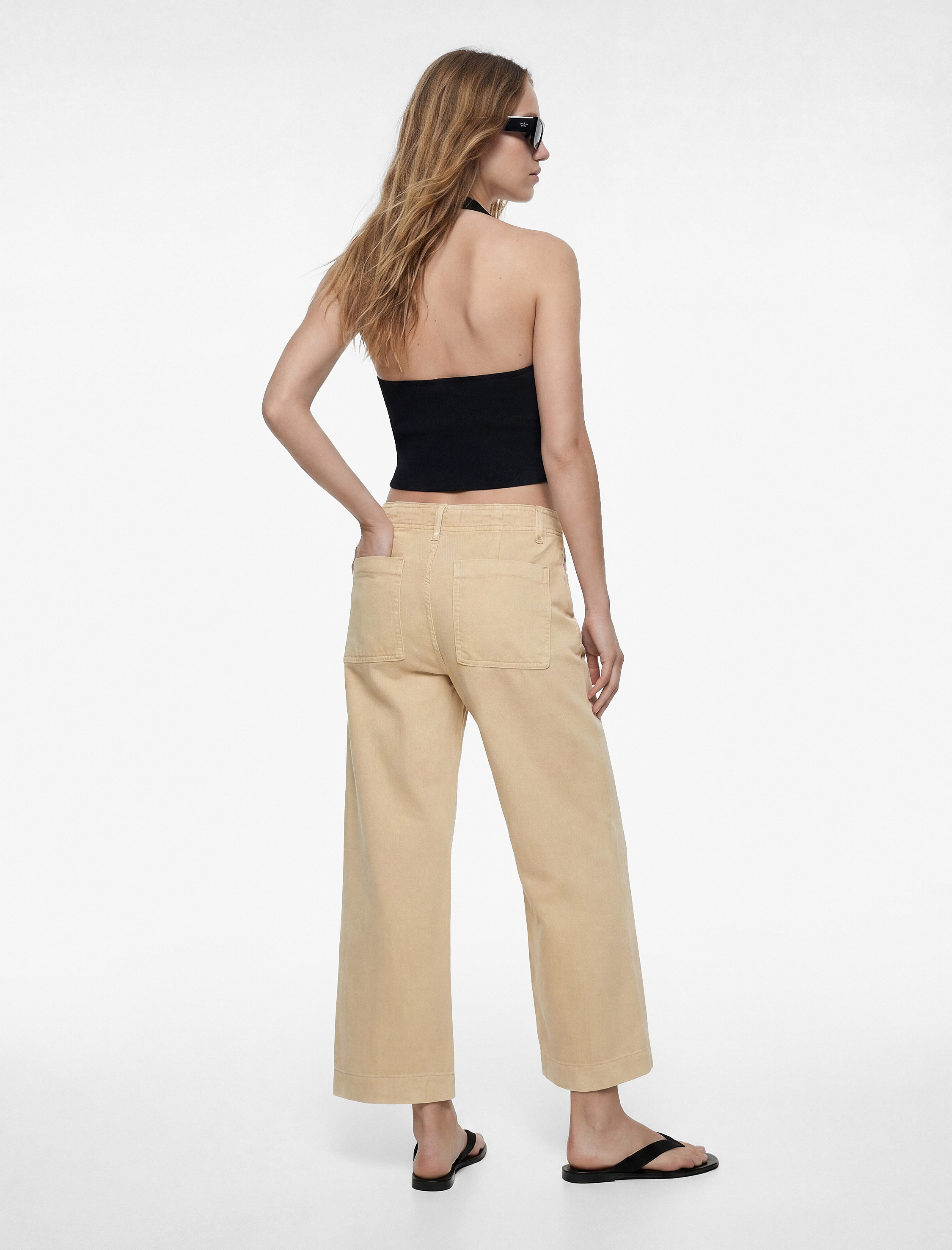   Normal Bel Cep Detaylı Nervürlü Kısa Geniş Paça Pantolon - Culotte Jeans