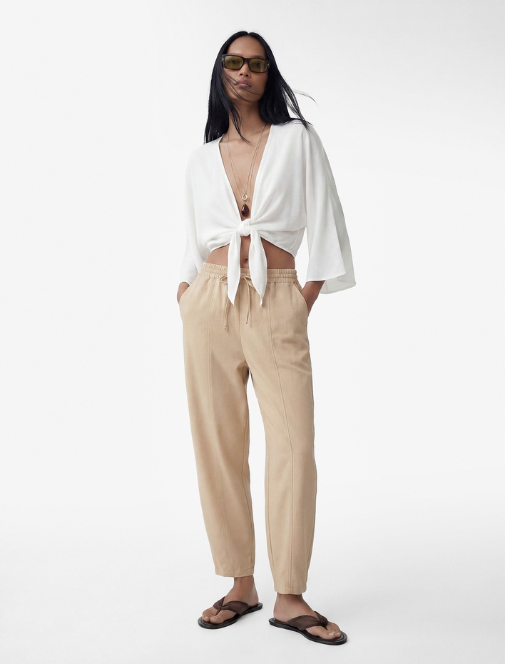  Modal Cupro Kumaş Beli Bağcıklı Cepli Balon Pantolon
