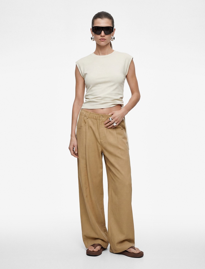  Modal Kumaş Beli Lastikli Cepli Düz Geniş Paça Baggy Pantolon