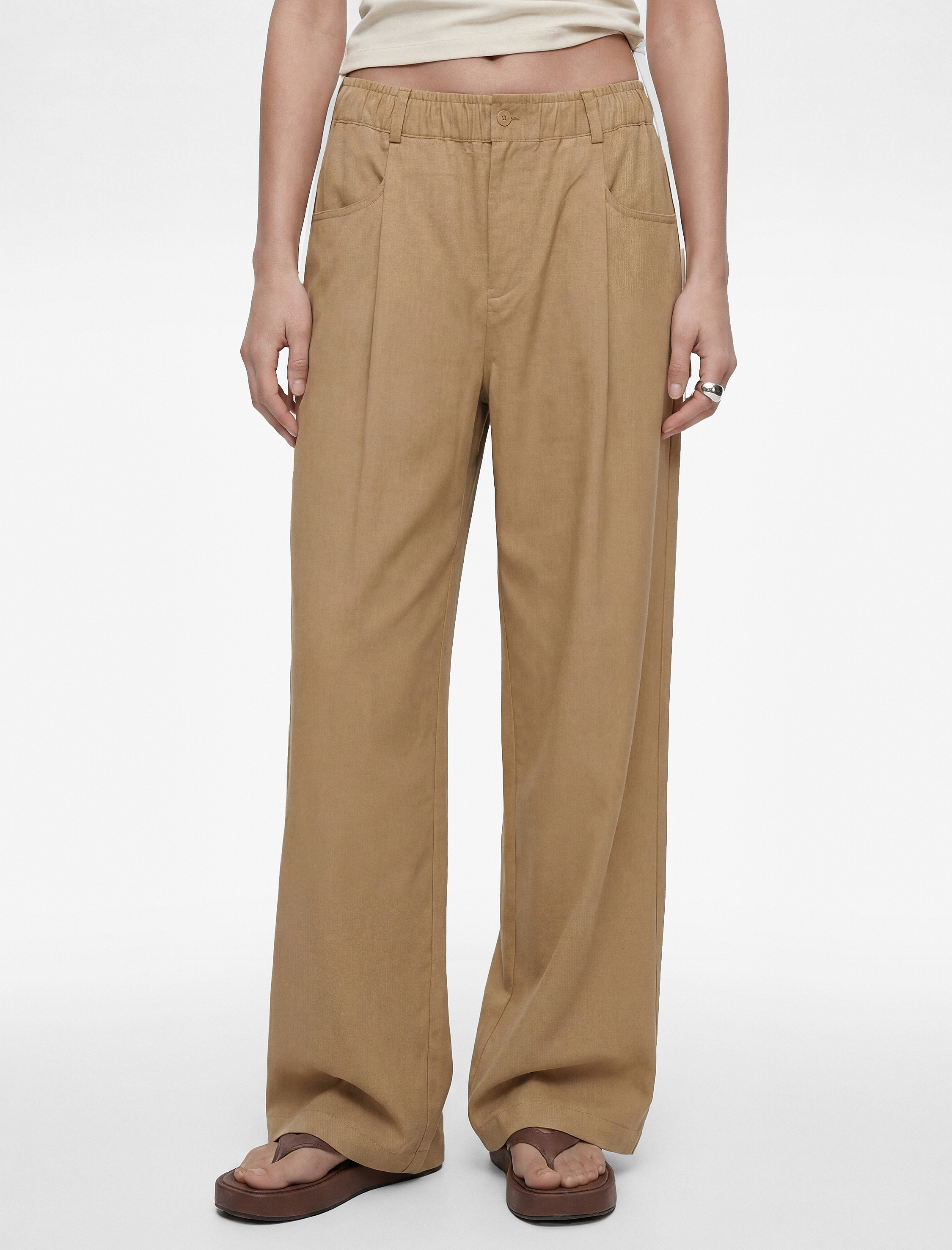   Modal Kumaş Beli Lastikli Cepli Düz Geniş Paça Baggy Pantolon