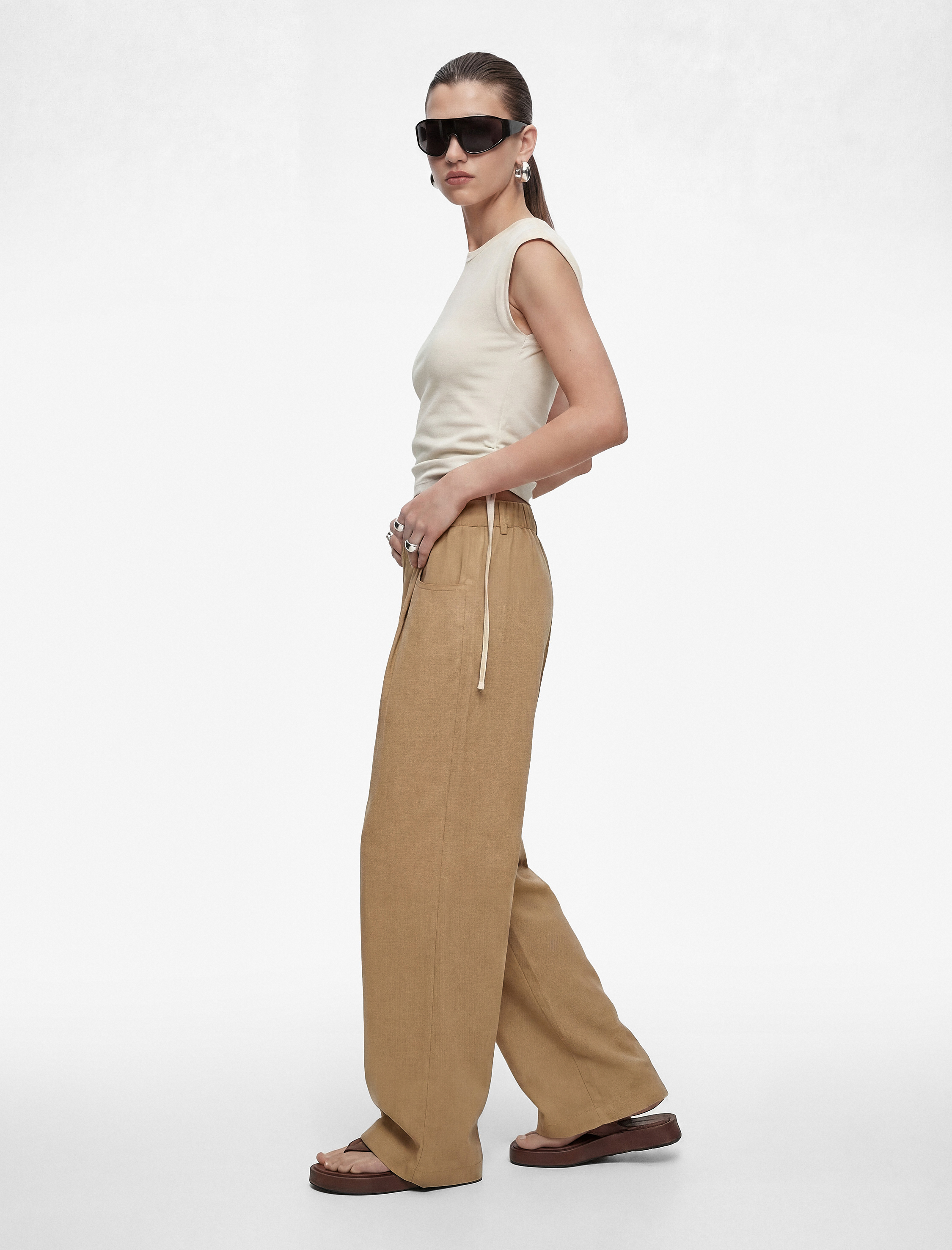   Modal Kumaş Beli Lastikli Cepli Düz Geniş Paça Baggy Pantolon