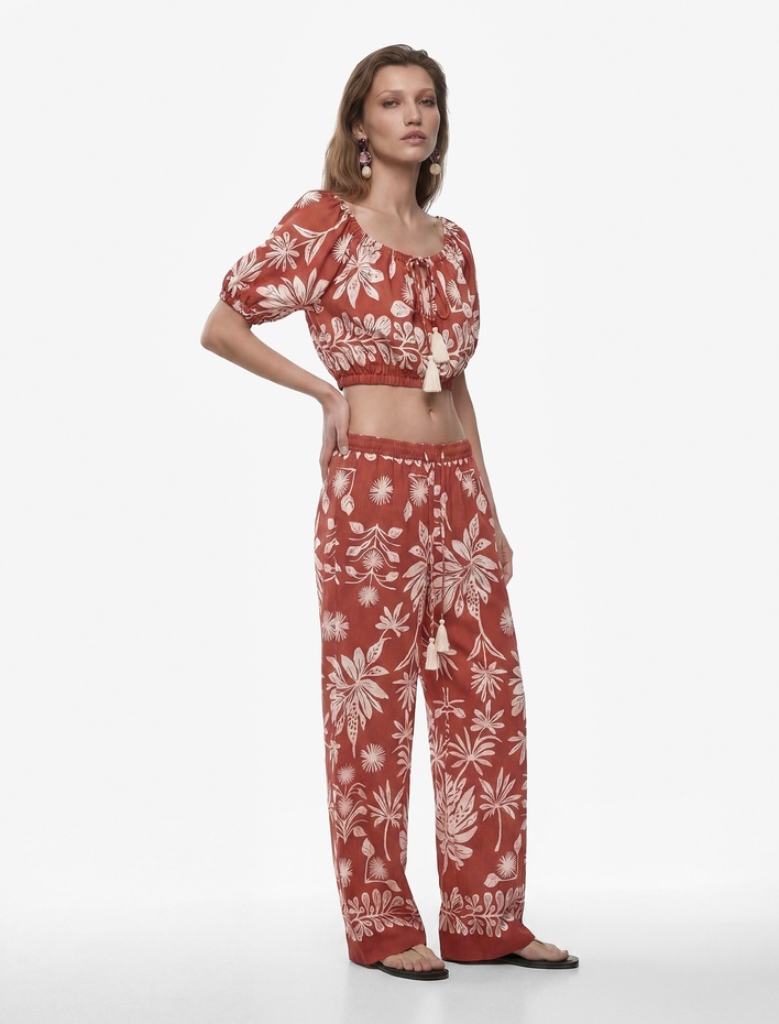  Viskon Salda Kumaş Cepli Floral Desenli Bol Paça Pantolon