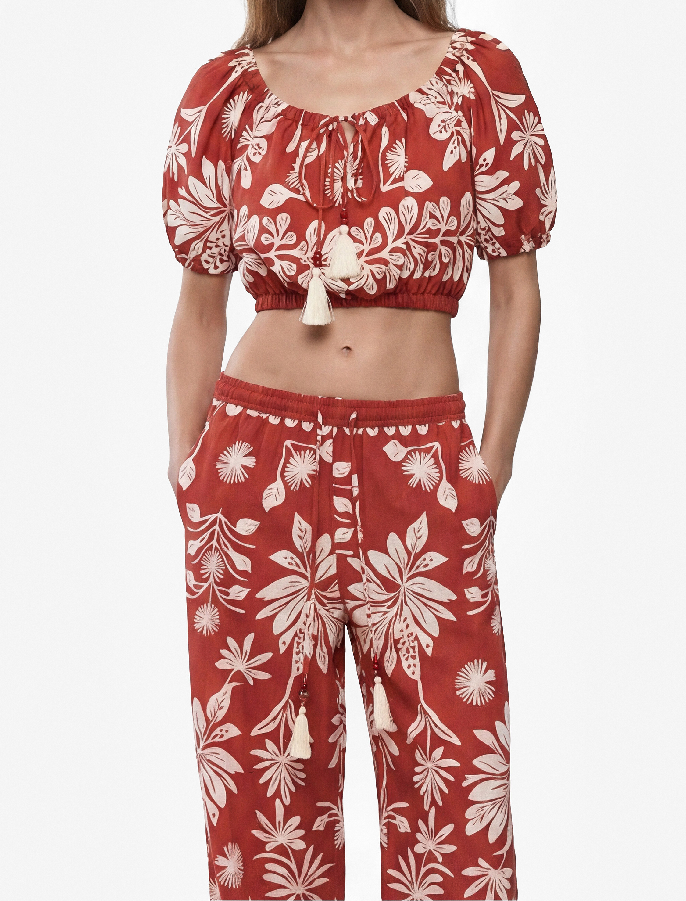   Viskon Salda Kumaş Cepli Floral Desenli Bol Paça Pantolon