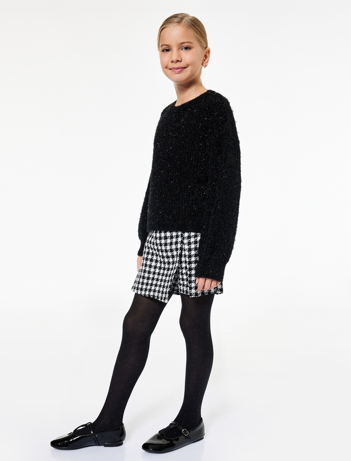 Kız Çocuk Kaz Ayağı Desenli Beli Lastikli Tüvit Şort Etek