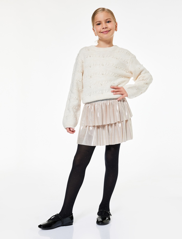 Kız Çocuk Uzun Kollu Bisiklet Yaka Boncuk Detaylı Triko Kazak