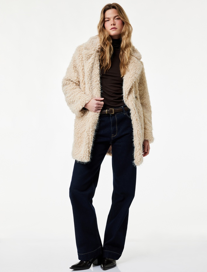  Uzun Kollu Cepli Kruvaze Oversize Suni Kürk Kaban