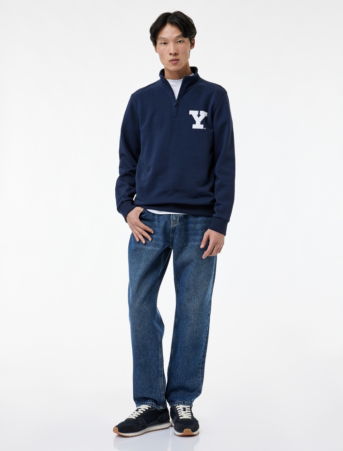  Uzun Kollu Yarım Fermuarlı Lisanslı Yale Baskılı Şardonlu Sweatshirt