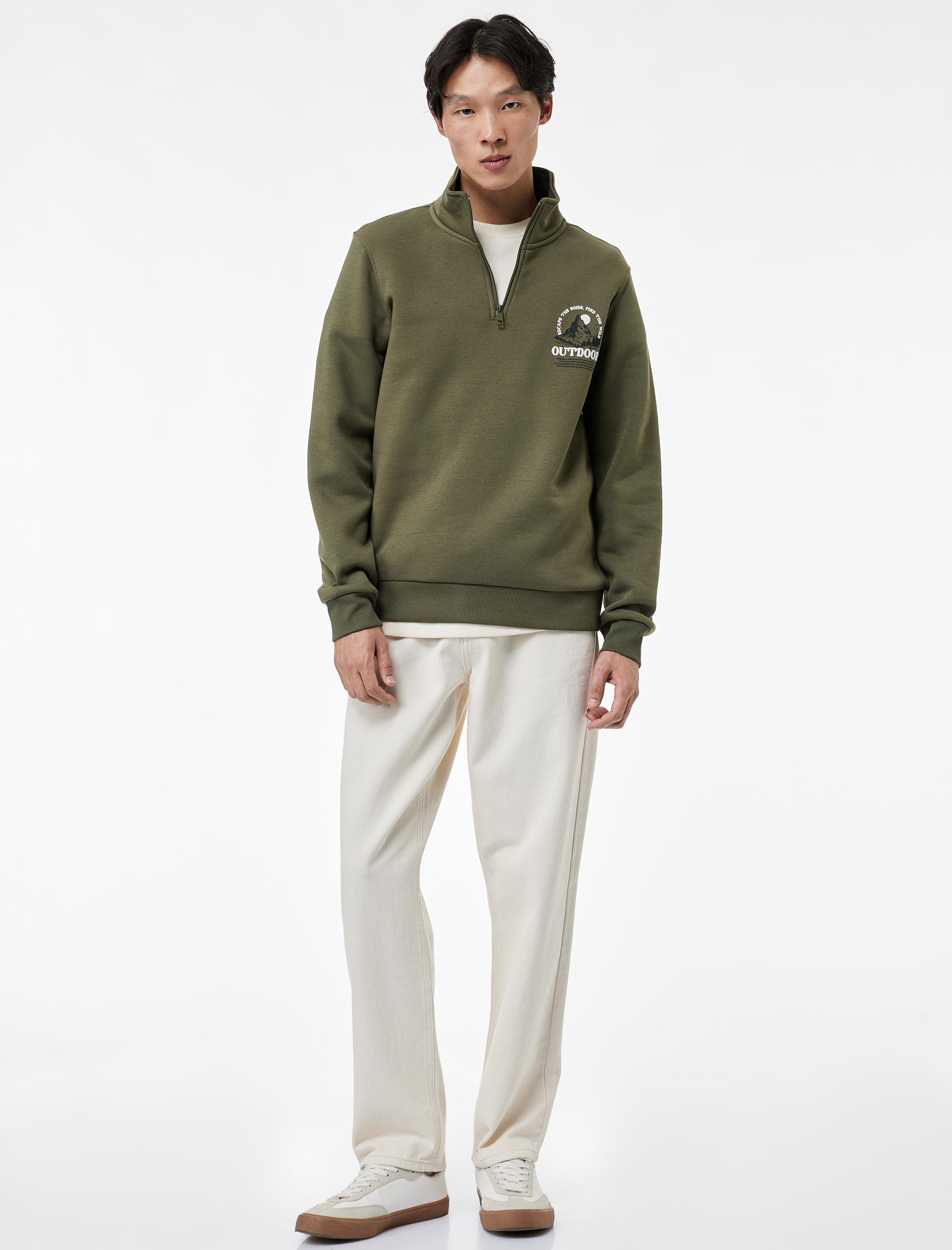   Baskılı Yarım Fermuarlı Şardonlu Uzun Kollu Dik Yaka Sweatshirt