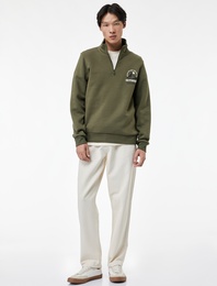 Baskılı Yarım Fermuarlı Şardonlu Uzun Kollu Dik Yaka Sweatshirt