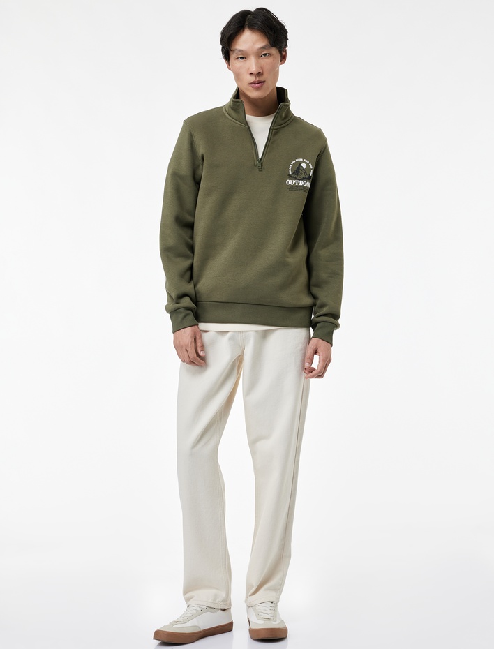  Baskılı Yarım Fermuarlı Şardonlu Uzun Kollu Dik Yaka Sweatshirt