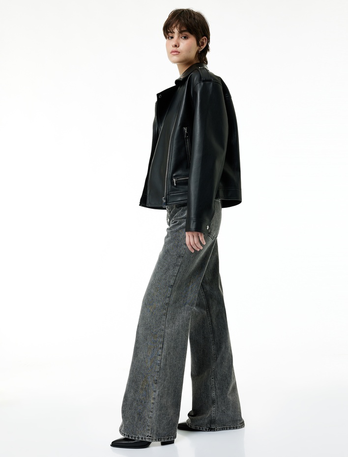  Zincir Kemer Detaylı Normal Bel Yıkamalı İspanyol Paça Jean Pantolon - Flare Jeans