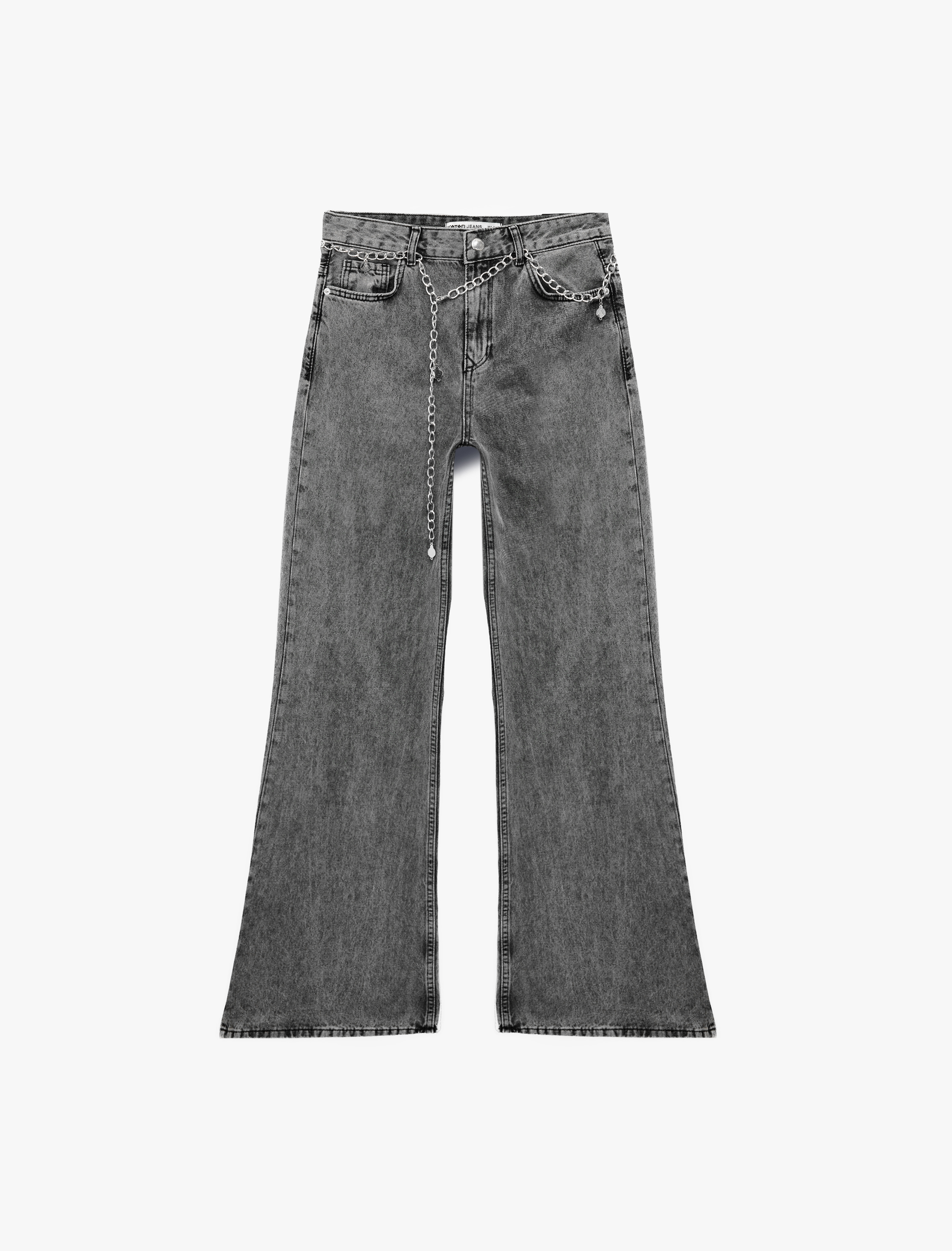   Zincir Kemer Detaylı Normal Bel Yıkamalı İspanyol Paça Jean Pantolon - Flare Jeans