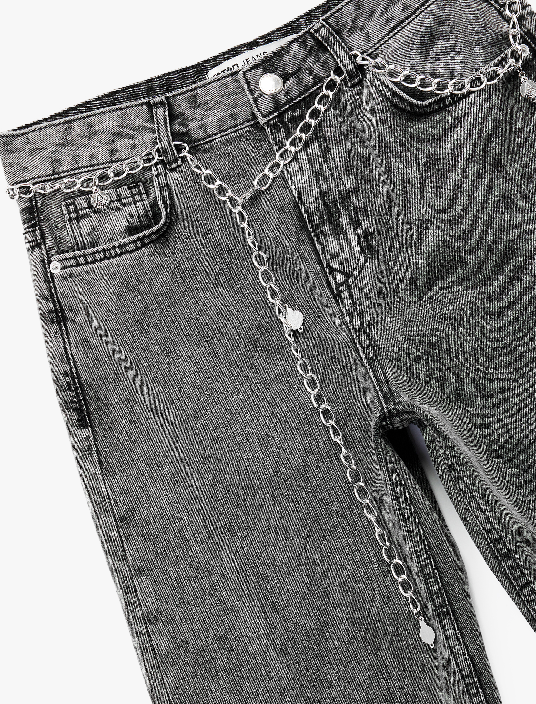   Zincir Kemer Detaylı Normal Bel Yıkamalı İspanyol Paça Jean Pantolon - Flare Jeans