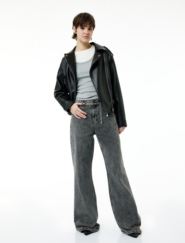  Zincir Kemer Detaylı Normal Bel Yıkamalı İspanyol Paça Jean Pantolon - Flare Jeans