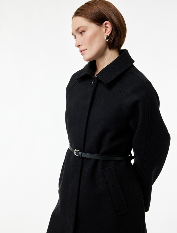  Kemerli Kaşe Kaban Cepli Regular Fit Uzun Kollu