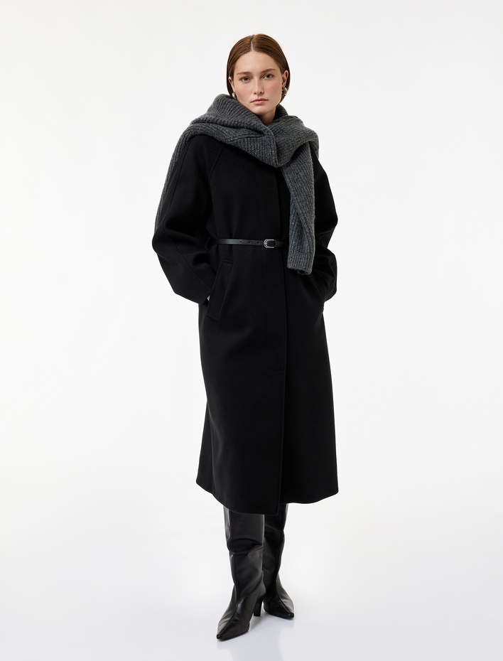  Kemerli Kaşe Kaban Cepli Regular Fit Uzun Kollu